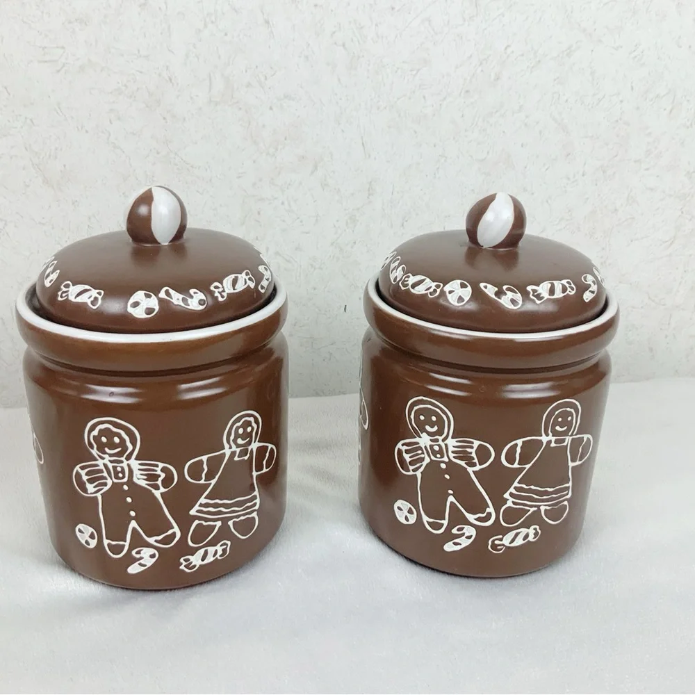 Gingerbread Couple Stoneware Cookie Jar Canister Set Christmas Candy Cane Trim